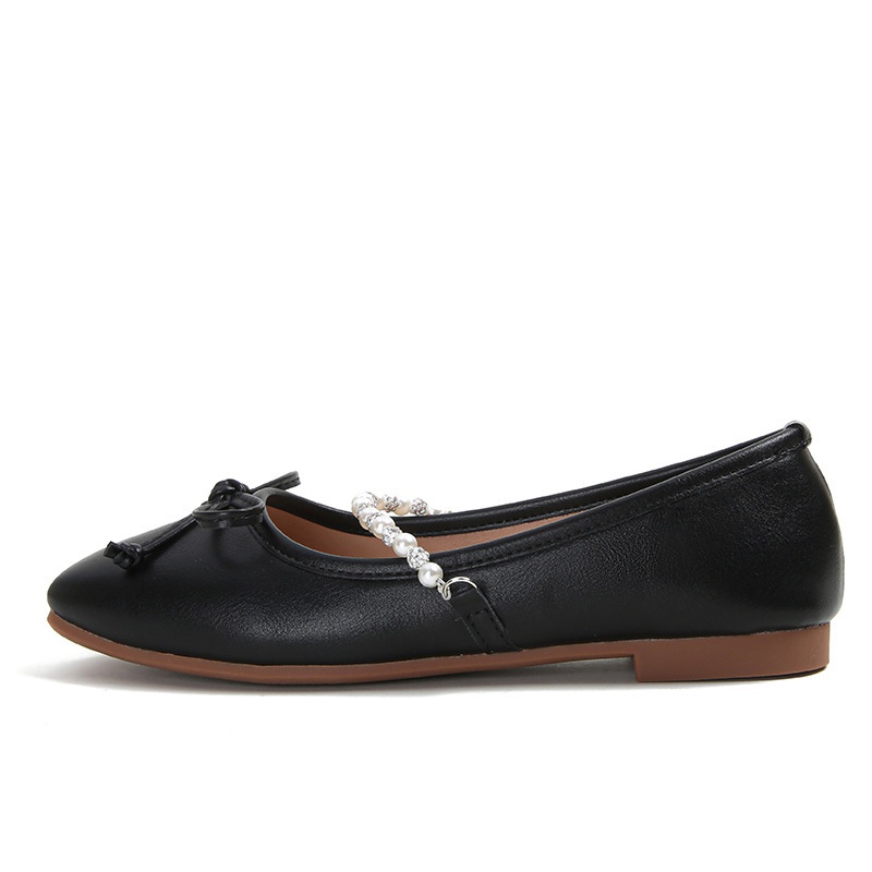 Giày Búp Bê Mũi Vuông Đính Ngọc Trai Phối Dây Xích Thắt Nơ Xinh Xắn