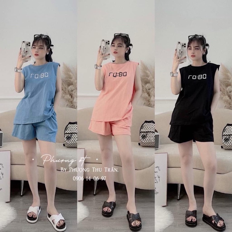 bộ cotton đùi xát nách kèm áo bra 3M in giờ cho nữ