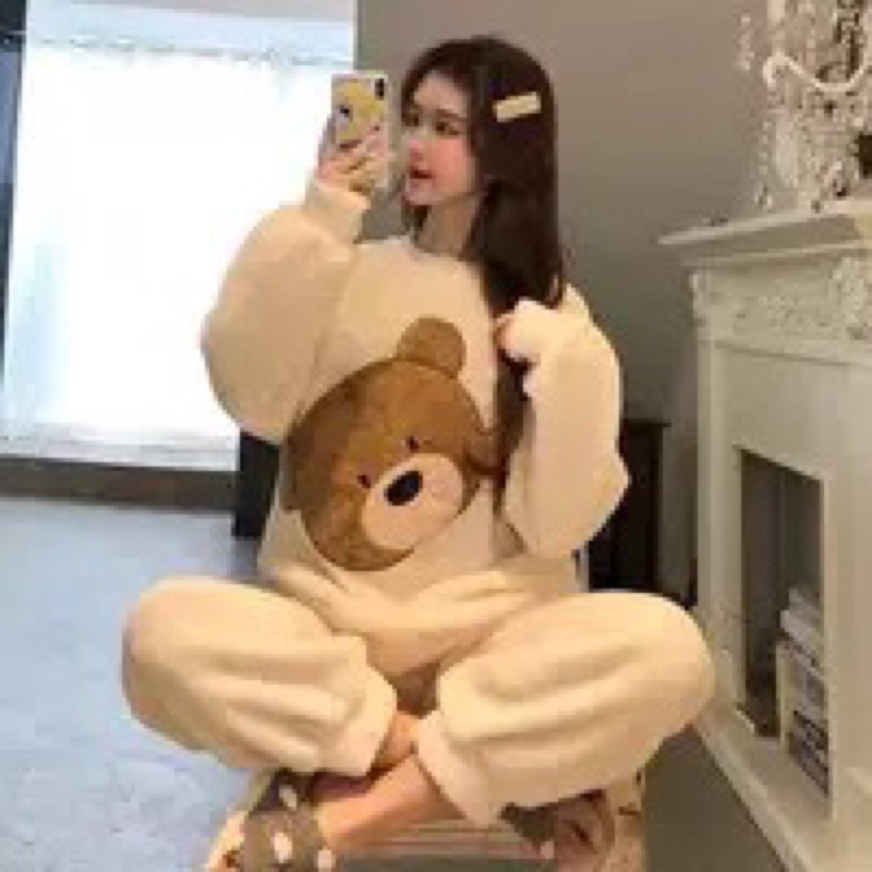 Bộ mặc nhà nữ,bộ nỉ lông thêu gấu dài tay mùa đông siêu ấm