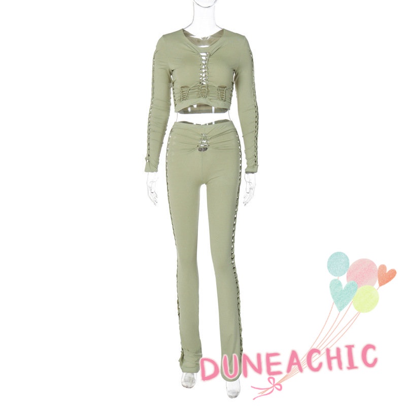 DUNEA Set Áo Thun Tay Dài 2 Dây + Quần Dài Lưng Cao Thiết Kế Quyến Rũ Cho Phái Nữ