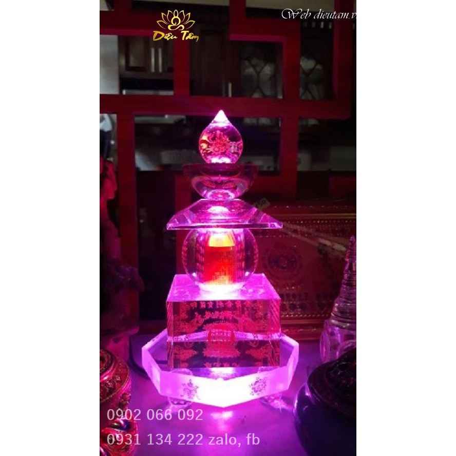 Tháp xá lợi pha lê có đèn led 8 biểu tượng cát tường đổi màu
