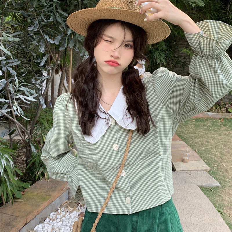 Áo Kiểu Tay Phồng Cổ Búp Bê Họa Tiết Sọc Caro Phong Cách Retro