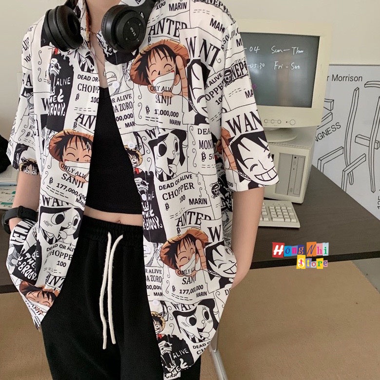 Áo Sơ Mi Họa Tiết Hoạt Hình Luffy Tay Lỡ Dáng Rộng Ulzzang Unisex, Sơ Mi Đi Biển - MM
