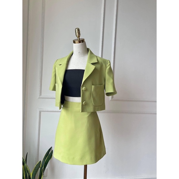 Bộ -Áo blazer nữ CROPTOP & Váy A  - chất liệu cao cấp, 2 lớp, lót lụa mềm, XANH BƠ - Tiệm may Diluclothi
