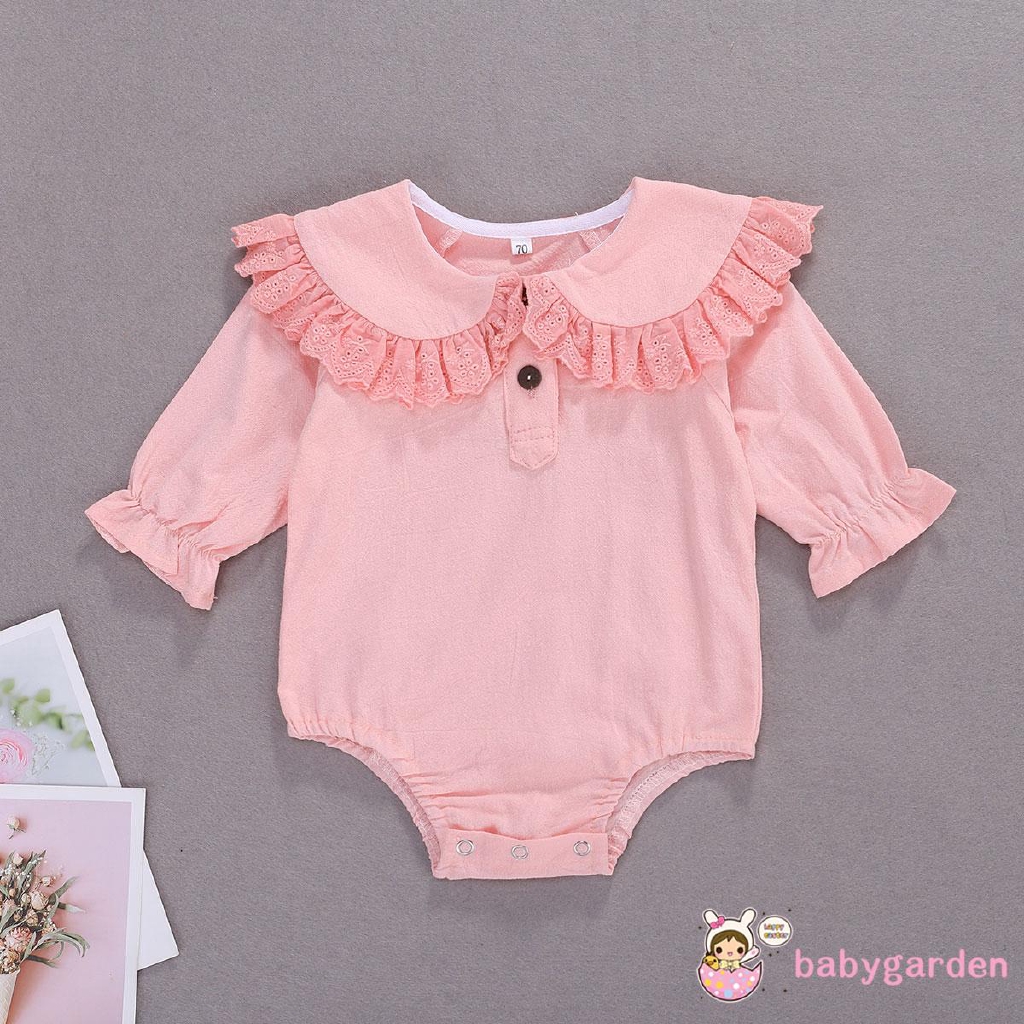 Áo liền quần cổ bèo dài tay dành cho bé gái từ 0-24 tháng tuổi