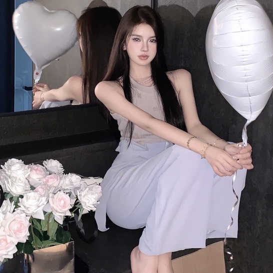 Set Áo Hai Dây Dệt Kim + Quần Short Lưng Cao Phong Cách Hàn Quốc Cho Nữ