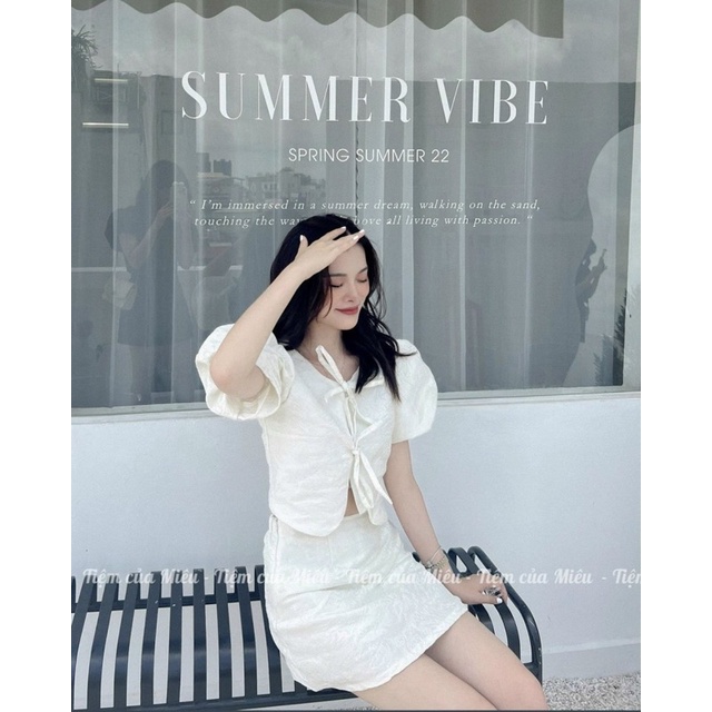 SET ÁO GẤM HOA NỔI CỘT DÂY THẮT NƠ + CHÂN VÁY