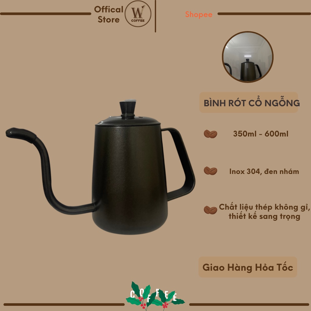 Bình pha cà phê inox 304, bình cổ ngỗng, đen nhám W1coffee