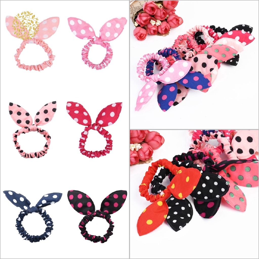 Set 2 Dây Cột Tóc Hình Tai Thỏ Họa Tiết Chấm Bi