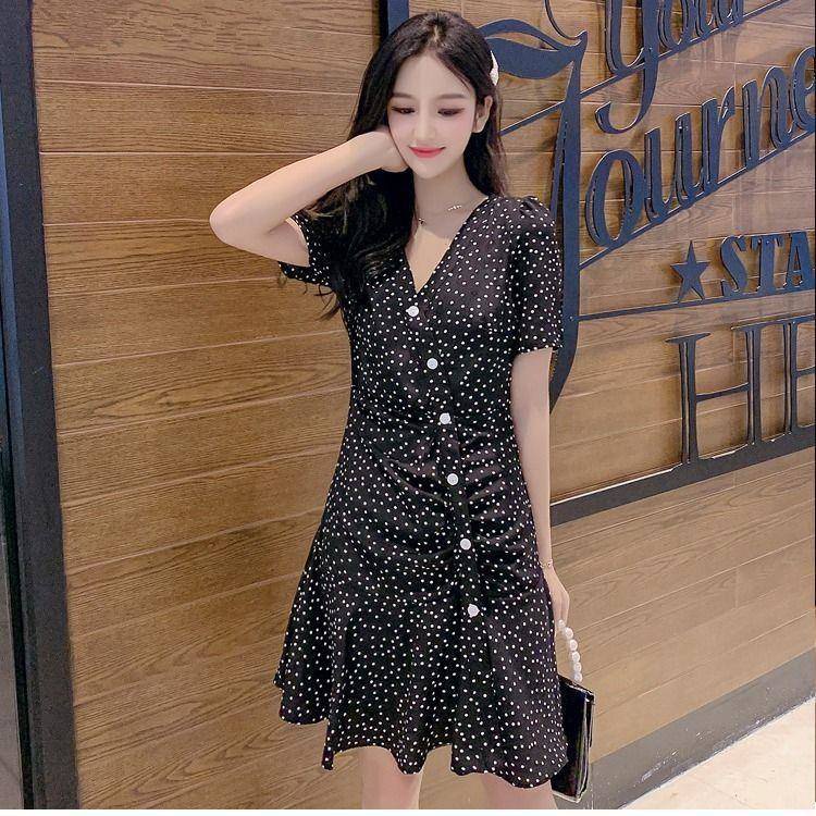 Đầm Dáng Chữ A Tay Ngắn Cổ Chữ V Họa Tiết Chấm Bi Thời Trang Mùa Hè C8455