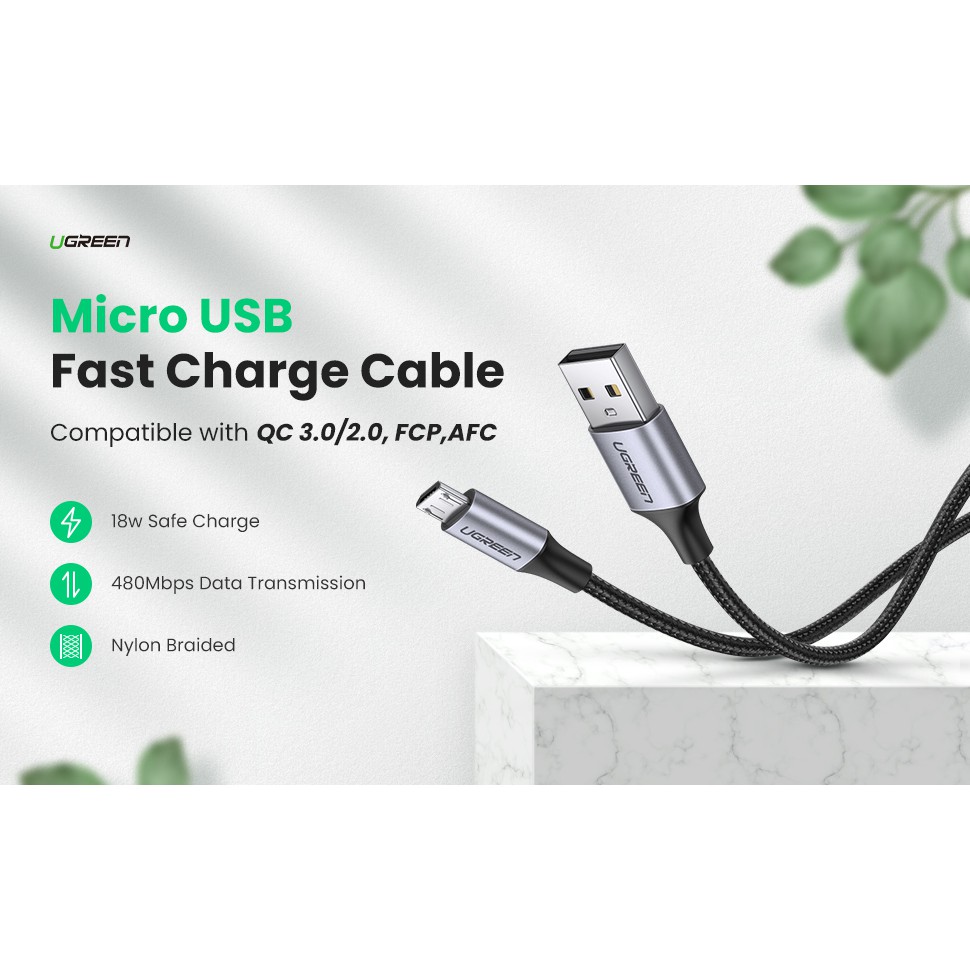 Cáp Micro USB Chính Hãng Ugreen US290 60146 60147 60148 (sạc nhanh, dây dù đầu nhôm 2.4A QC 3.0)