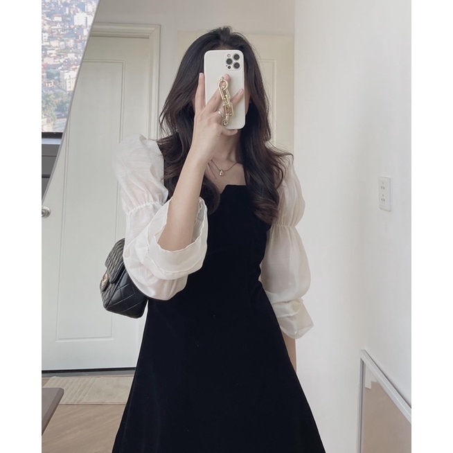 Váy nhung đen pha tay cách điệu