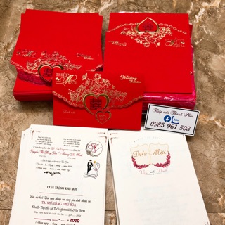 THIỆP CƯỚI NHUNG ĐỎ MẠ VÀNG TIM ĐÔI