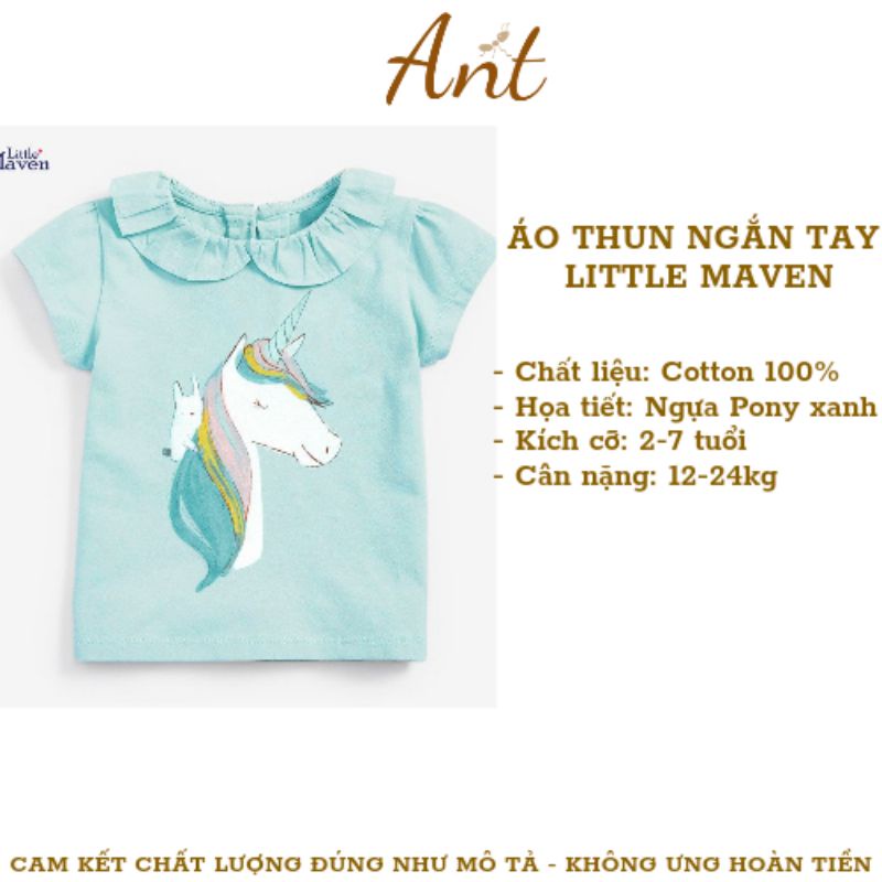 Áo Thun Ngắn Tay Bé Gái Cotton 100% Little Maven Hình Ngựa Pony Xanh Chất Mềm Mát Cho Bé 12-24kg Từ 2-7 Tuổi