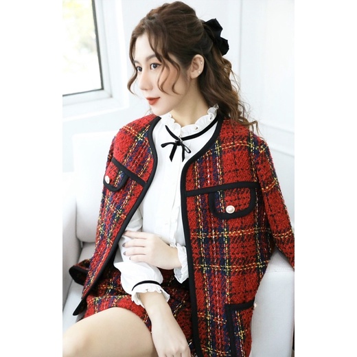 Set Dạ Tweed Kẻ Ô Đỏ Phong Cách Tiểu Thư Sang Chảnh | BigBuy360 - bigbuy360.vn