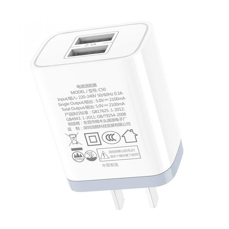 Củ sạc hoco c50 có 2 cổng USB- Cốc sạc hoco đầu ra 2.1A hỗ trợ sạc nhanh.