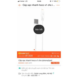 (Shopee Trợ Giá) Cáp sạc nhanh hoco x1 cho iphone/ipad