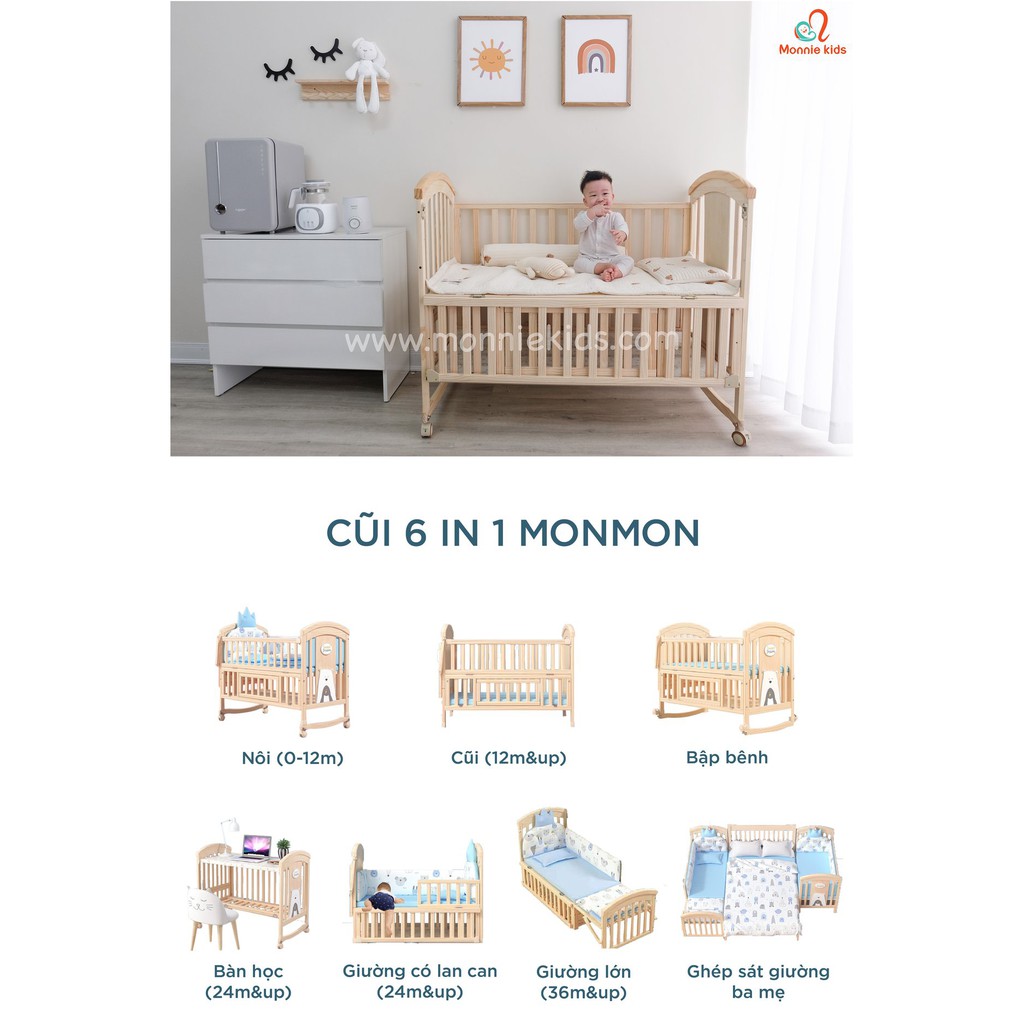 BỘ CŨI GỖ MONMON ĐA NĂNG 6IN1 KÈM BÁNH XE VÀ MÀN CŨI