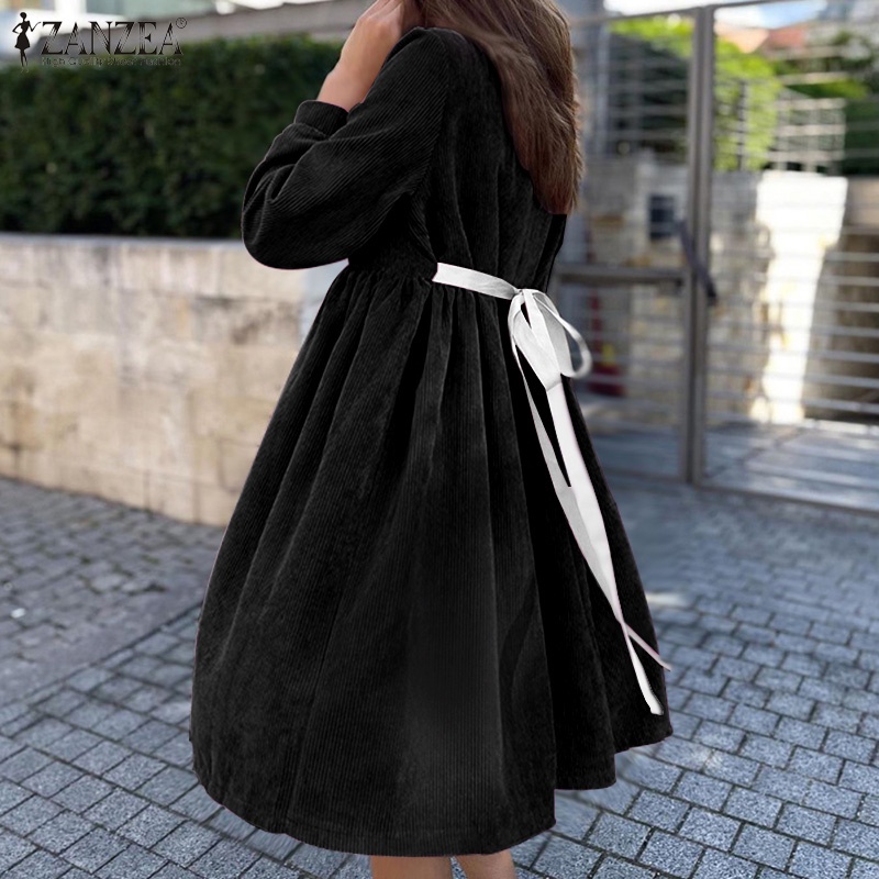 Đầm chữ A mini ZANZEA tay dài cổ tròn màu trơn thời trang phong cách châu Âu cho nữ