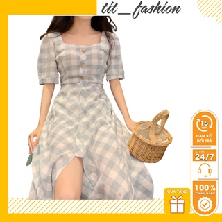 Váy Kẻ Caro , Đầm nữ Dáng Dài Xẻ Tà , Cổ Vuông Vintage Phong Cách Hàn Quốc , Phù Hợp Công Sở , Đi Chơi