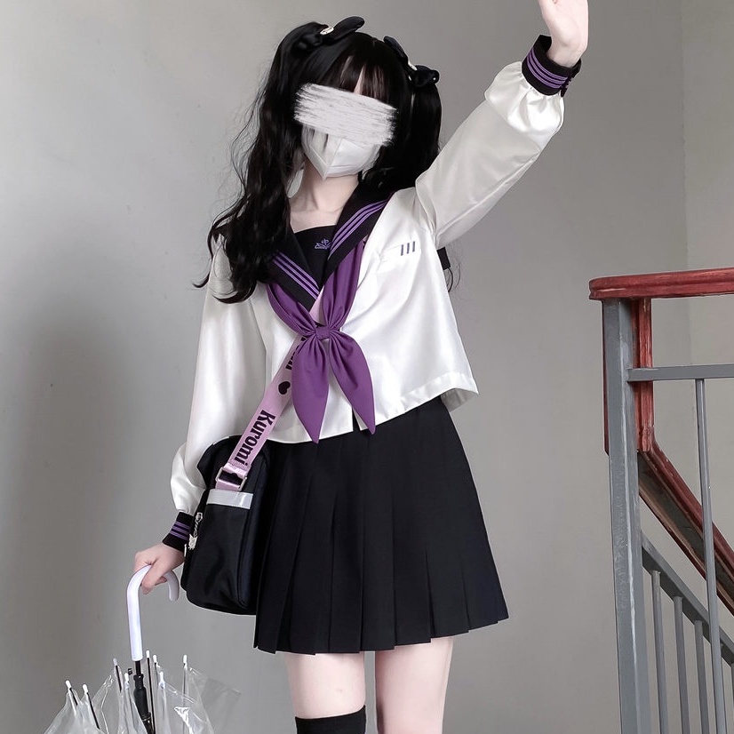 Seifuku/ Set váy đồng phục học sinh Nhật Bản màu tím: áo cổ thủy thủ + nơ đuôi cá + chân váy xòe