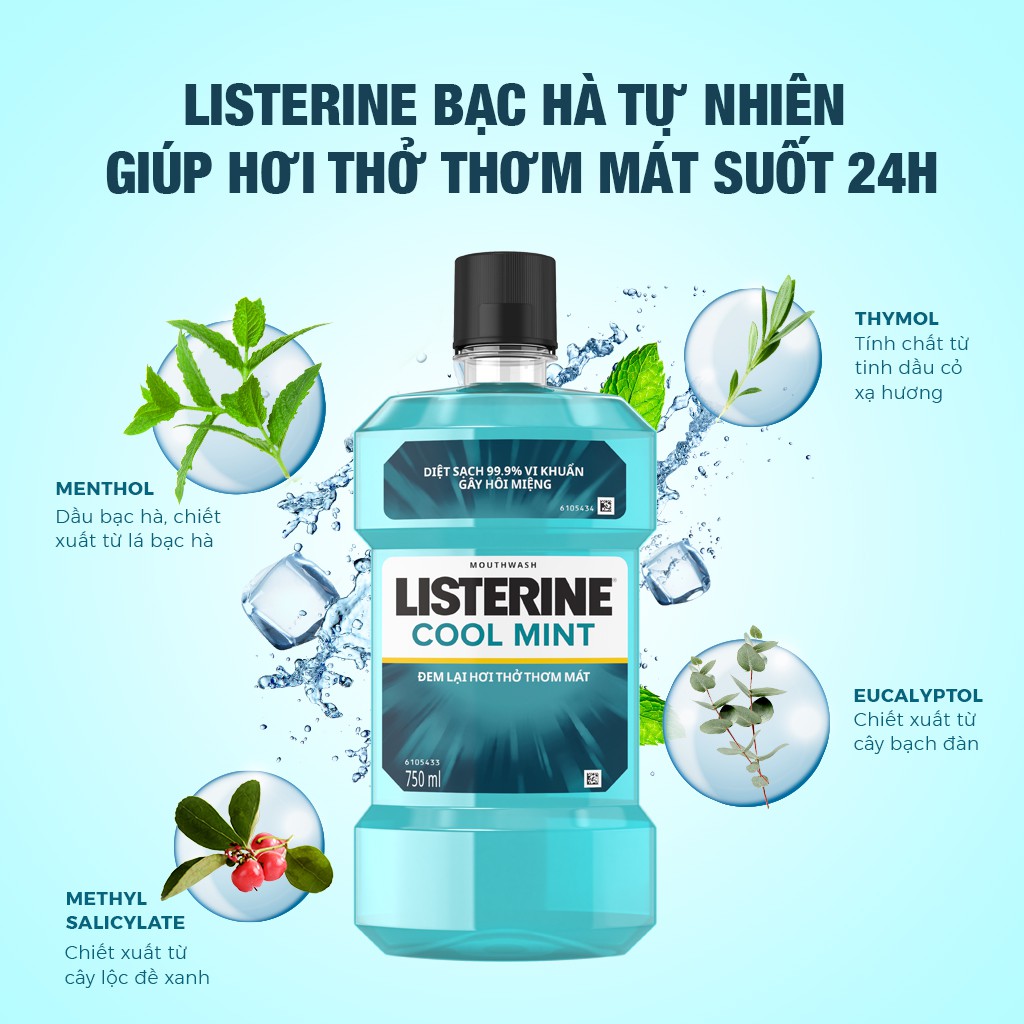 Bộ 2 chai nước súc miệng diệt khuẩn giữ hơi thở thơm mát Listerine Cool Mint 750ml/chai - 100945524