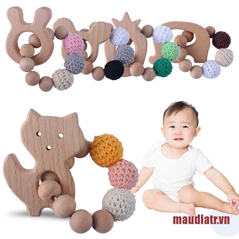 ATRMA 5# Wooden Rattle Beech Bear Hand Teething Ring Baby Rattles Play Stroller