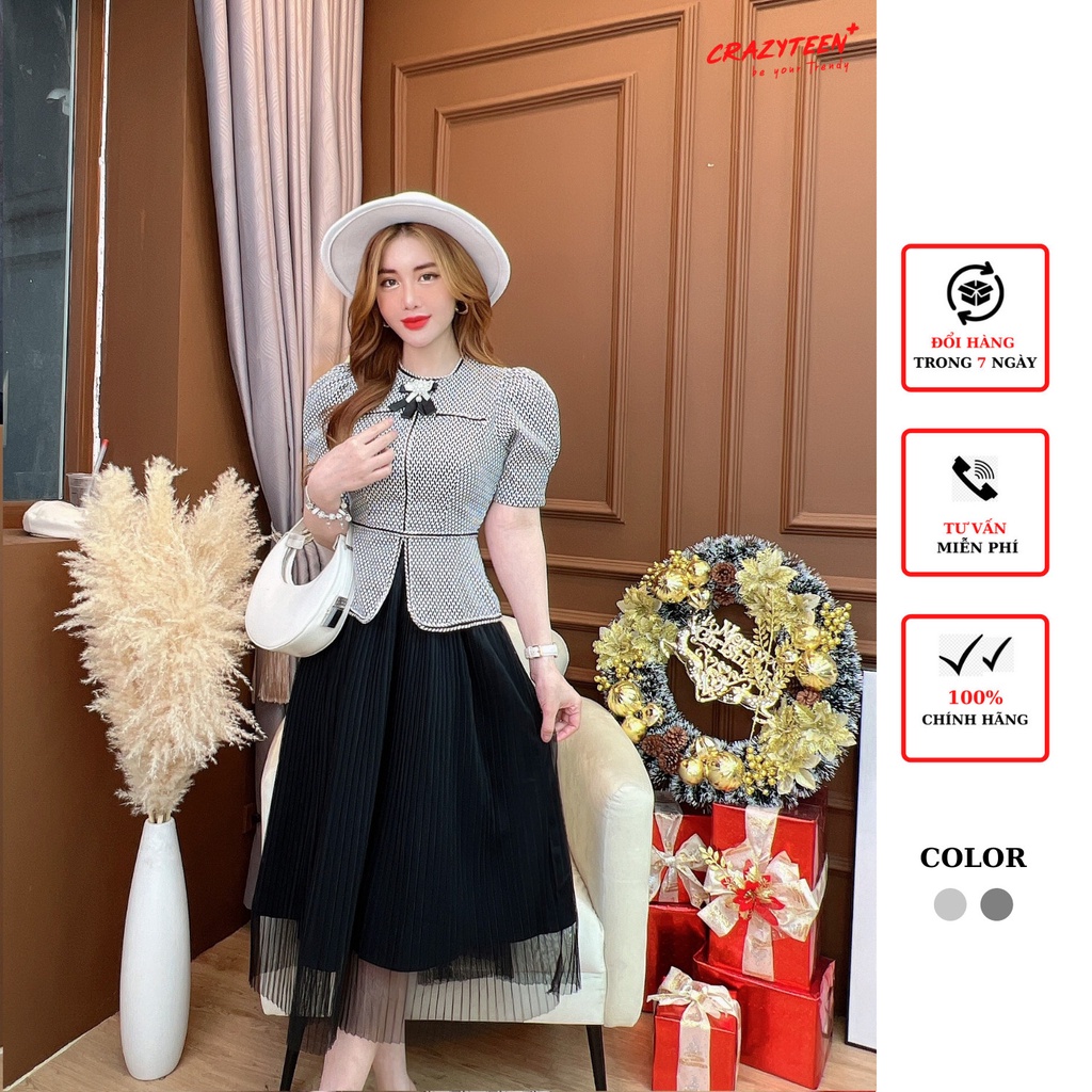 Set bộ 2 món nữ CRAZYTEEN áo kiểu peplum tay con chân váy dài dập li S0373