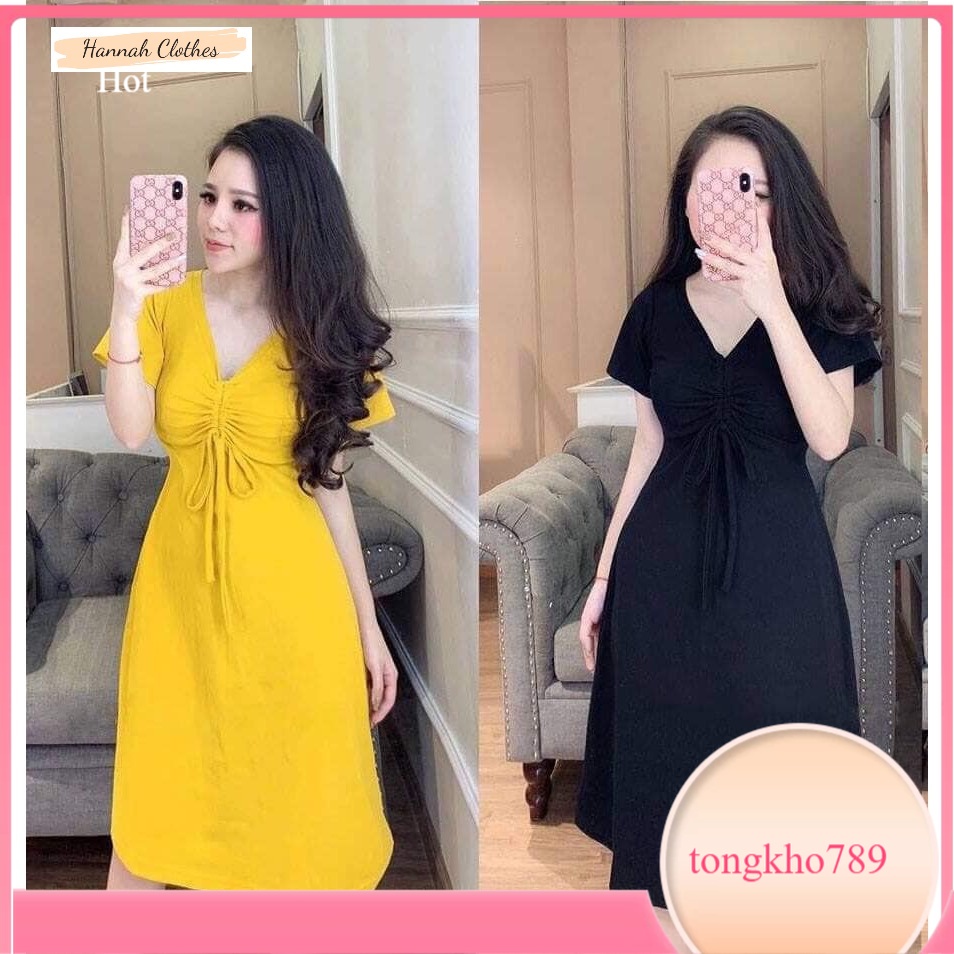 Đầm/ váy rút dây - sẵn 2 màu đen/ vàng , Tongkho789
