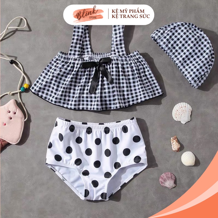 Đồ bơi bikini đi biển cho bé gái 9 tháng đến 7 tuổi kèm mũ siêu xinh chất thun co giãn