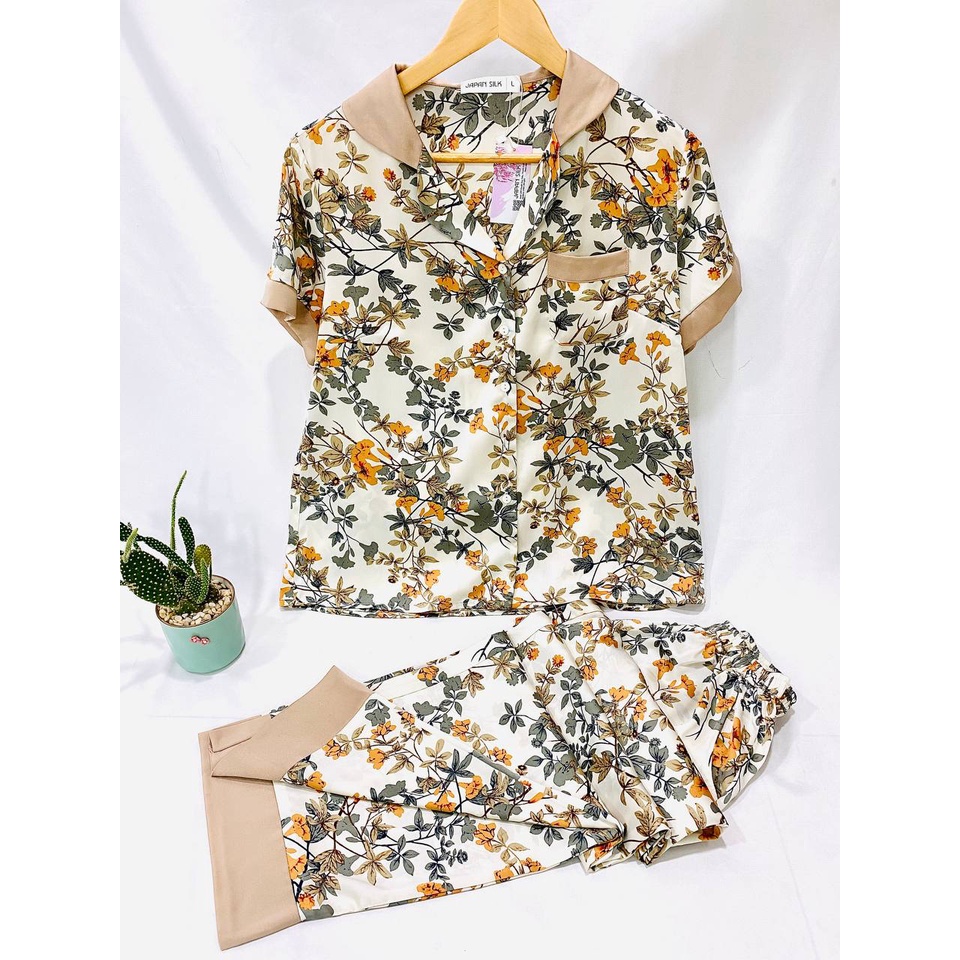 Bộ đồ ngủ lụa Nhật Japan Silk loại áo cộc quần dài tay họa tiết hoa sơn sang trọng , tươi mát