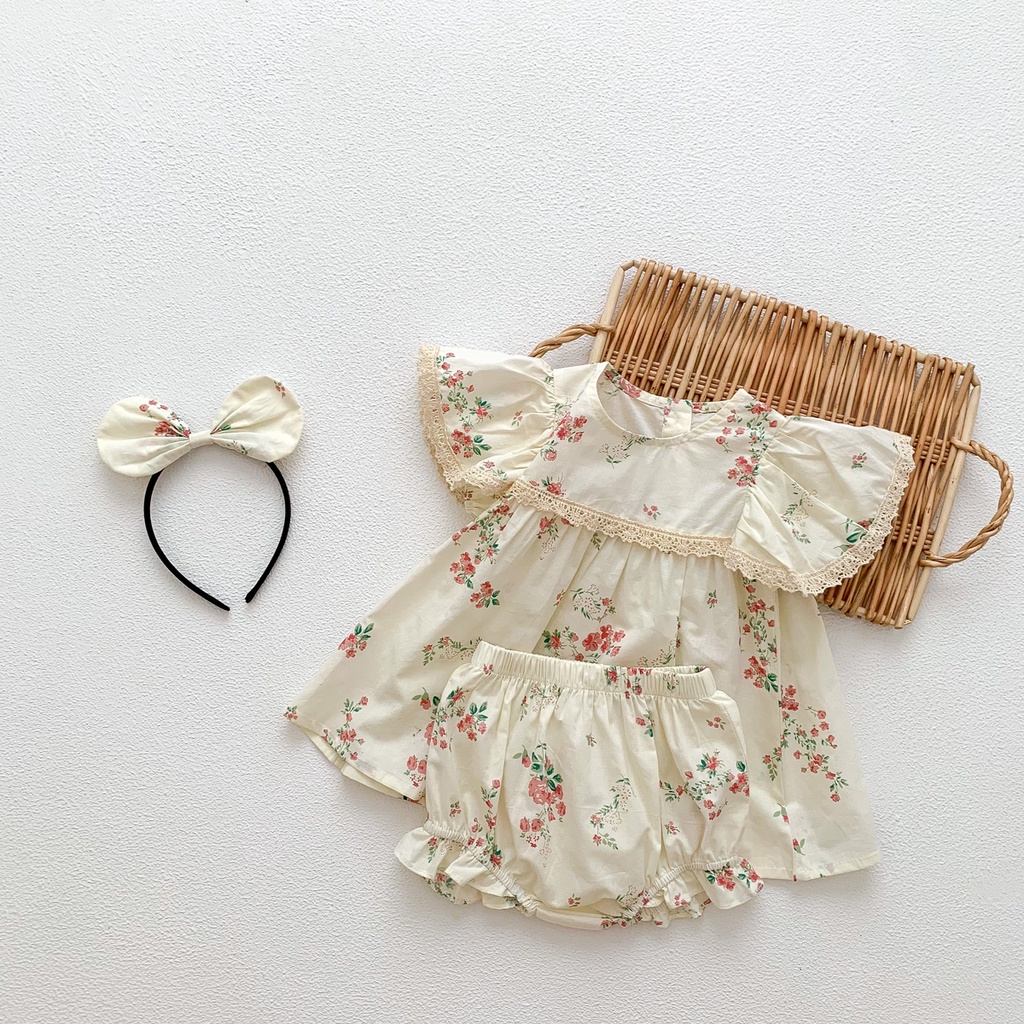 Bộ Áo Liền Quần Tay Cánh Tiên In Hoa + Băng Đô Cài Tóc Cho Bé Gái