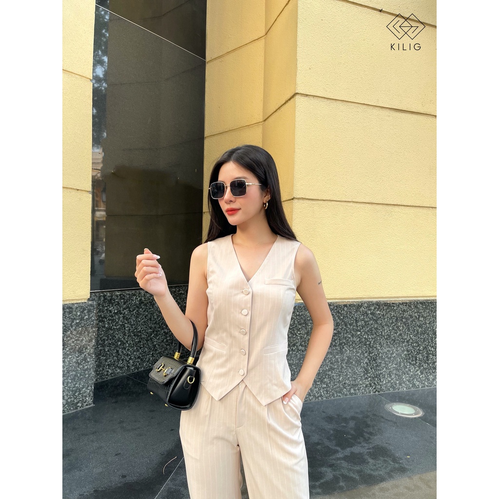 Set áo gile quần suông tông be kẻ thời trang chất liệu đũi chun Nhật cao cấp thiết kế KILIG
