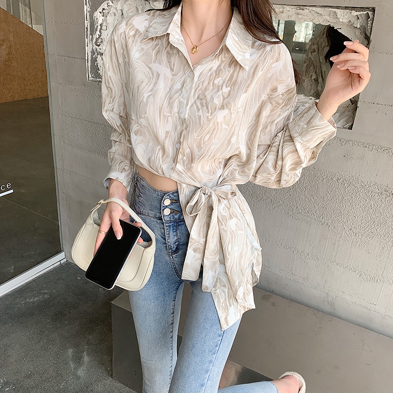 IELGY    Áo Sơ Mi Cột Dây In Họa Tiết Phong Cách hong kong Thời Trang Cho Nữ