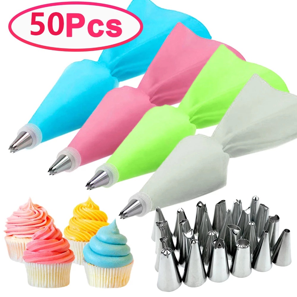 Bộ 50 Đuôi Bơm Kem Trang Trí Bánh Bằng Silicone，Có đầu nối và túi trang trí bánh