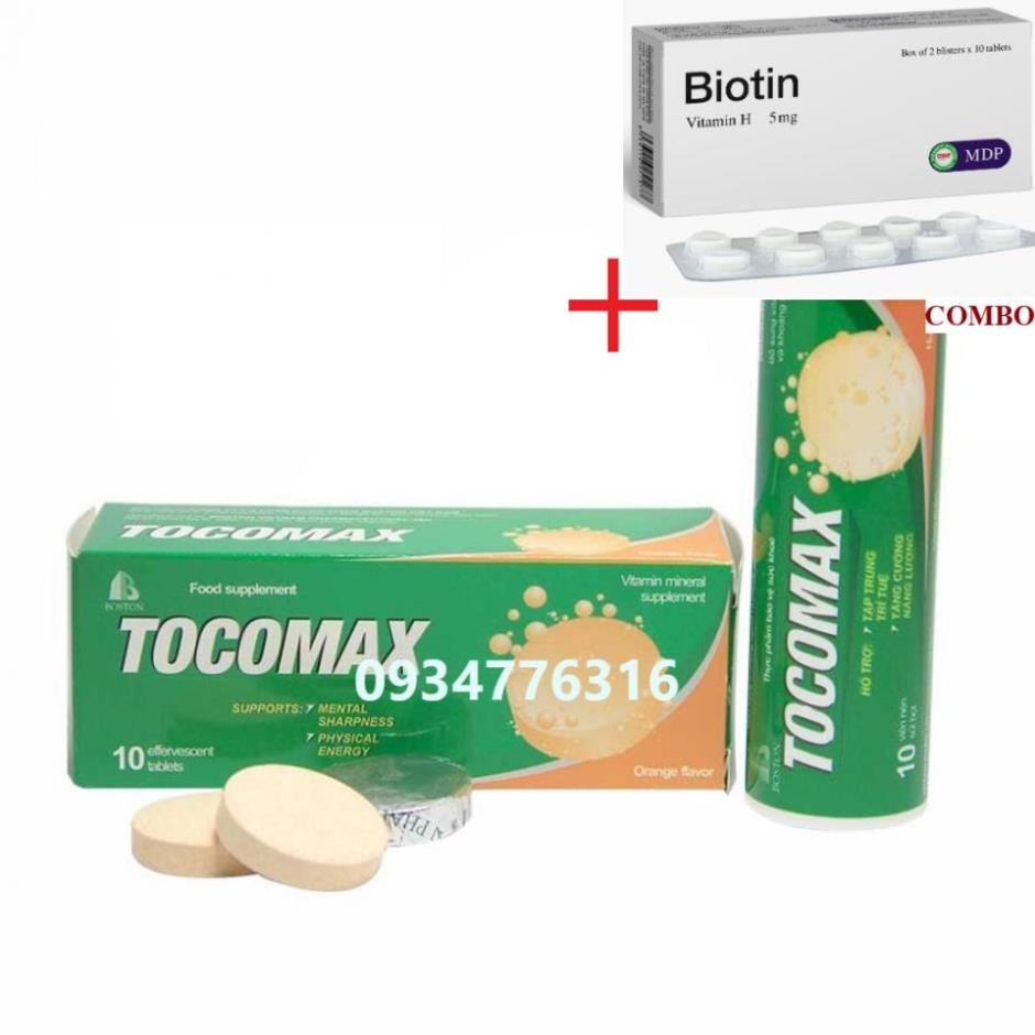 Combo Biotin 5mg+ ✅ Viên Sủi Tocomax - 10 viên sủi - hỗ trợ tập trung trí tuệ, tăng cường năng lượng.