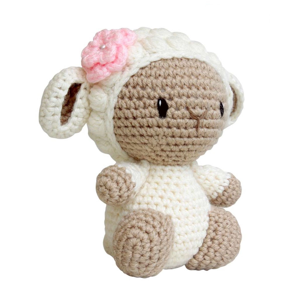 Gấu bông thú len nhồi bông handmade cao cấp mẫu Cừu con nơ hồng ngồi