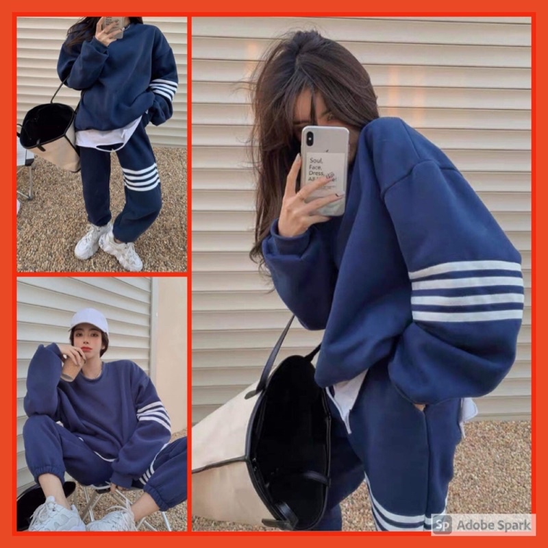 Bộ Nỉ Kẻ Vạch Ngang Nữ [FREESHIP]  Set quần bo gấu kèm áo sweater thể thao kiểu dáng hoodie cá tính Ulzzang