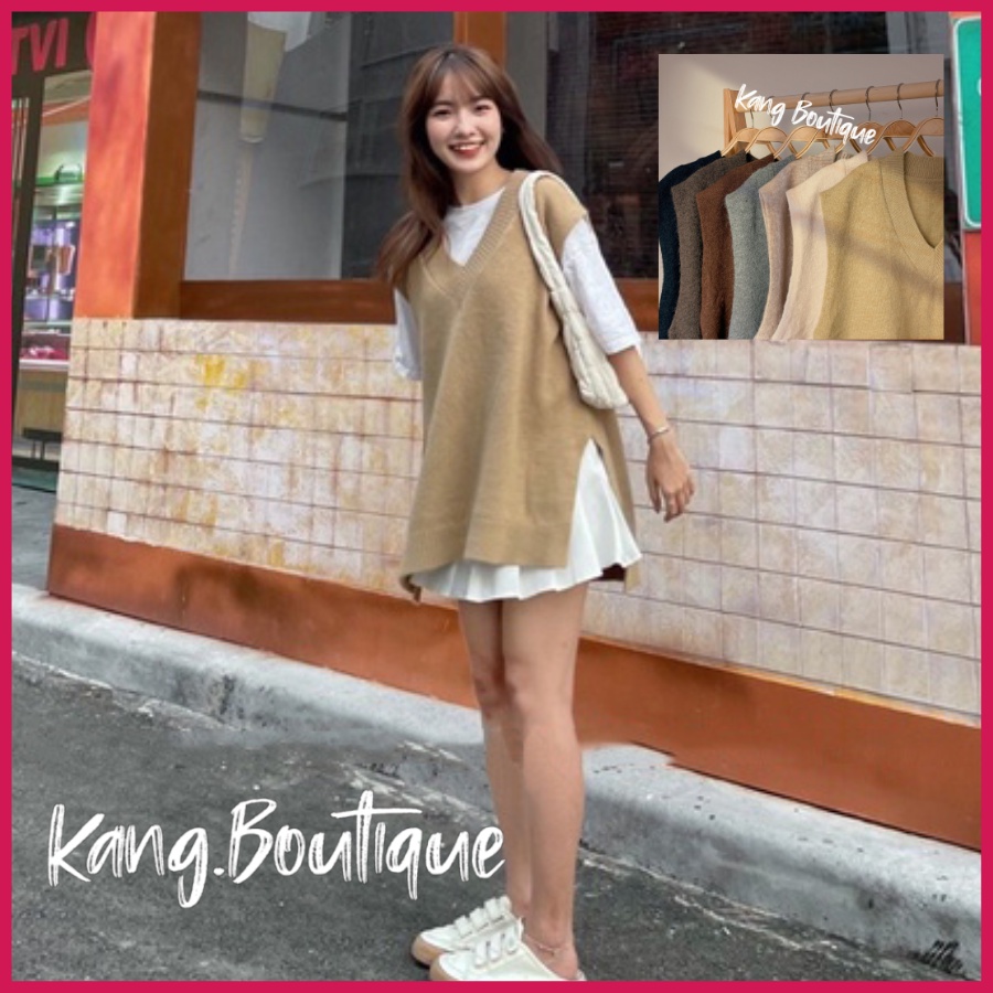 Áo gile len dáng dài rộng trùm mông xẻ tà kiểu trơn cổ tim Hàng Quảng Châu loại 1 Kang Boutique Mã AL005