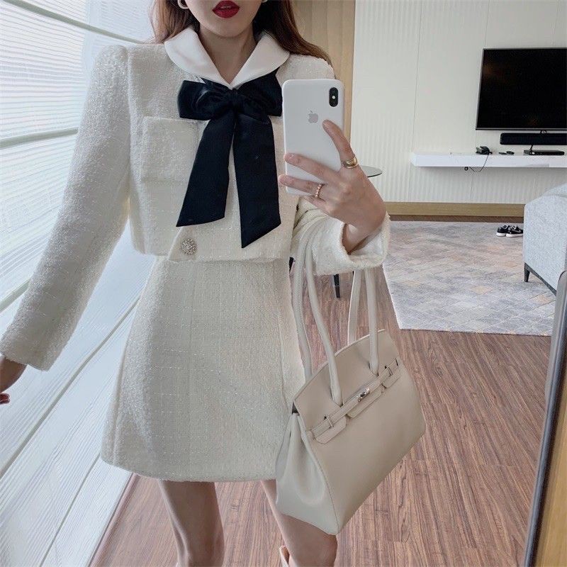 (Order) Set đầm dây áo khoác dạ tweed đính nơ - Hàng Quảng Châu