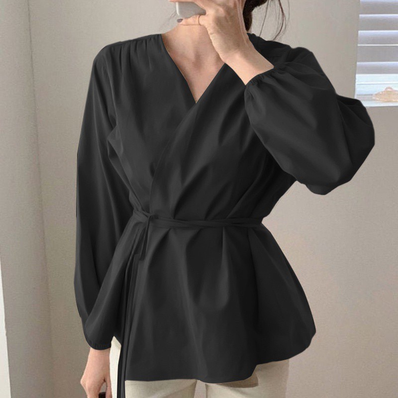Áo kiểu Celmia tay dài cổ chữ V viền xếp ly cỡ lớn thời trang cho nữ | BigBuy360 - bigbuy360.vn