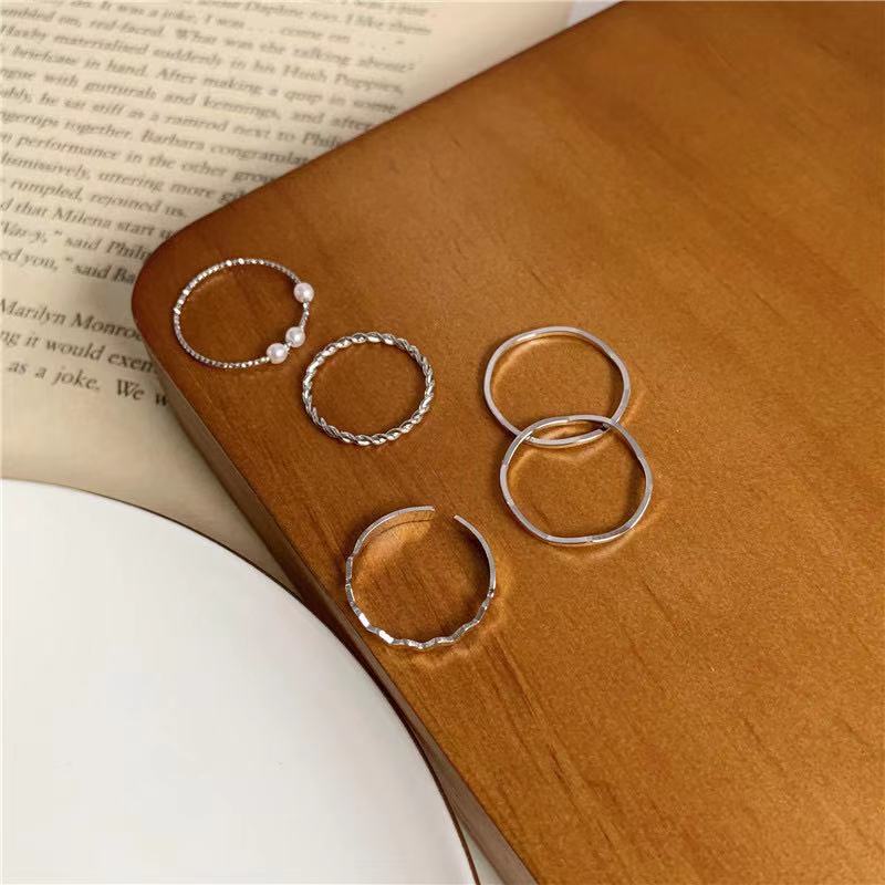 Bộ 5 Nhẫn Gợn Sóng Đính Ngọc Trai Đơn Giản Phong Cách Nhật Hàn
