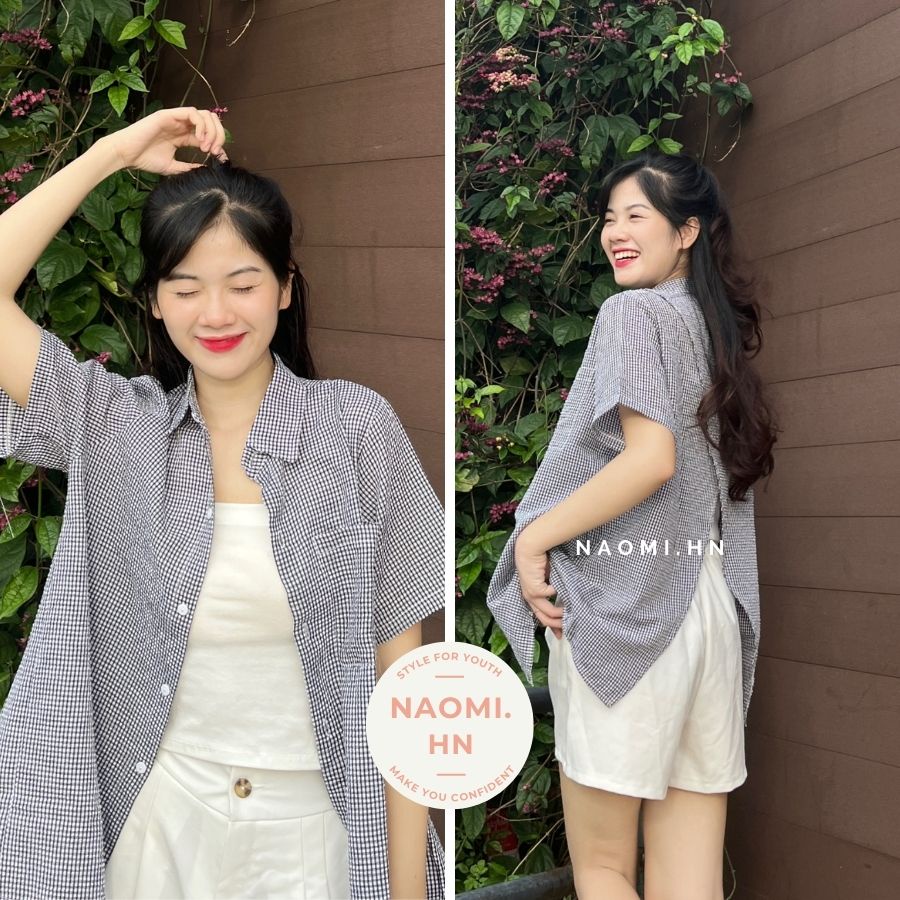 Sơ mi nữ tay ngắn chất kẻ xốp mát mix tà xẻ sau lưng độc lạ sang chảnh. Áo sơ mi form rộng Hàn Quốc nhiều màu HOTHIT.
