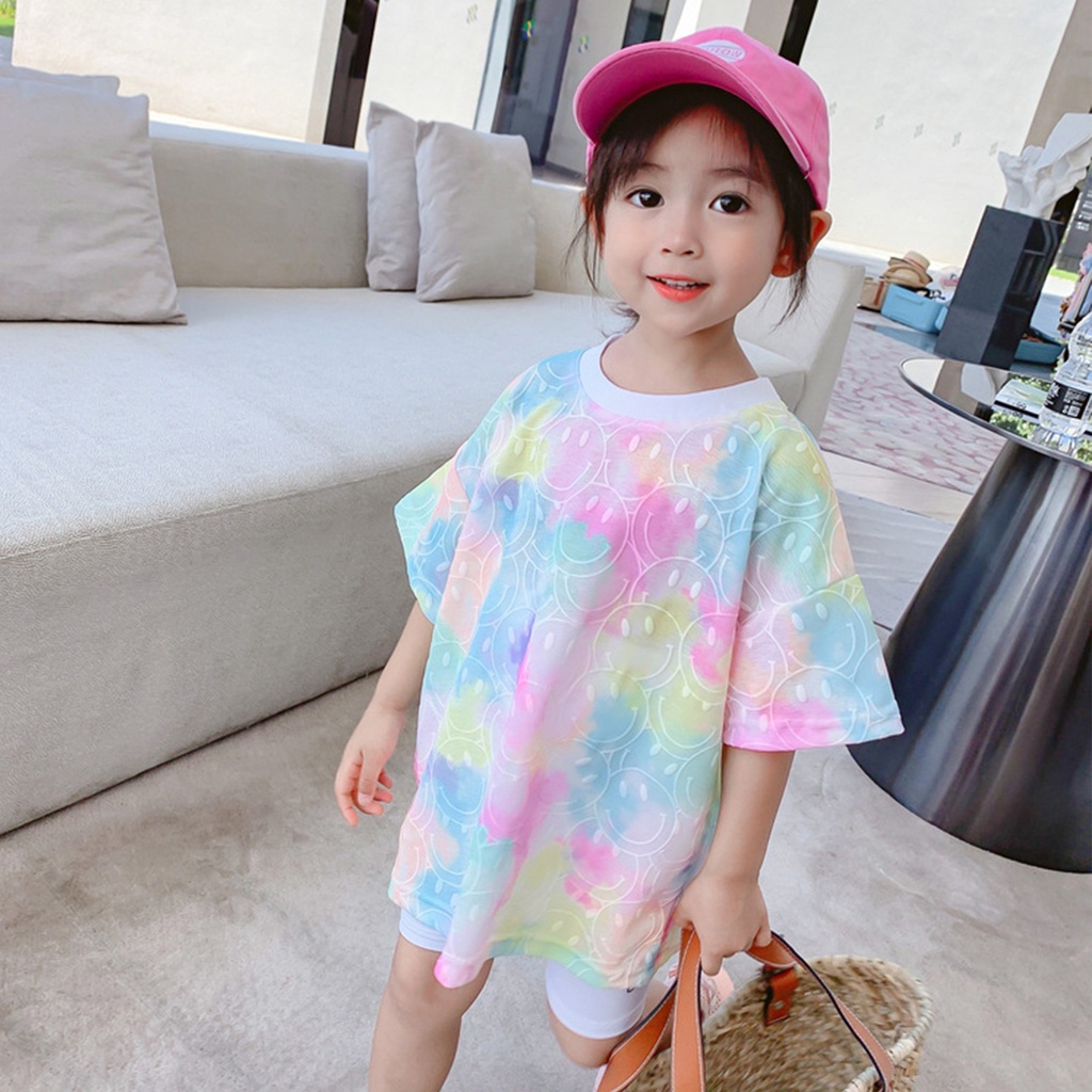 Áo thun tay lỡ dáng rộng in hình mặt cười kiểu Hàn Quốc thời trang mùa hè mới cho bé gái