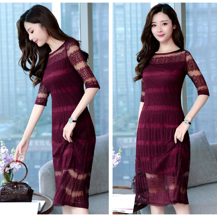 [Giá rẻ] Đầm thun phối ren chữ A  dáng dài VA09