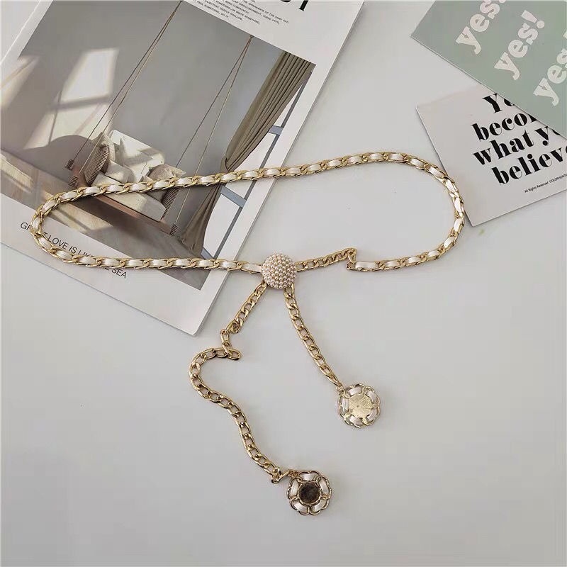 Dây thắt lưng vải dệt đính hạt ngọc trai phong cách Hàn Quốc thời trang dành cho nữ