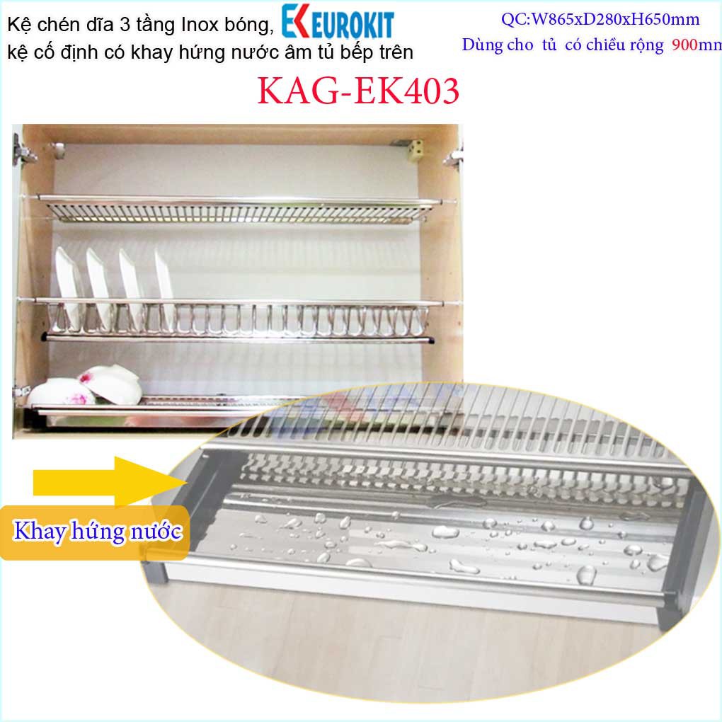 Kệ chén dĩa 3 tầng âm tủ chữ V KAG-EK403-90cm, kệ chén âm tủ Eurokit 90cm Inox bóng cao cấp