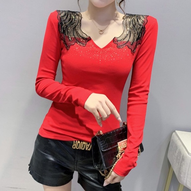 Áo kiểu trễ vai áo lưới dài tay V Thiết Kế Mới Thời Trang Mùa Thu Đông Dành Cho Nữ