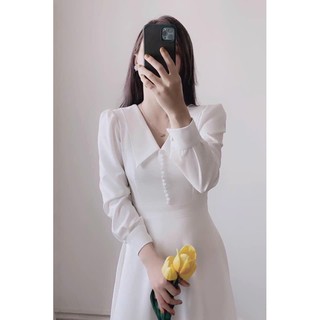 Đầm váy freesize trắng tay dài nút bọc