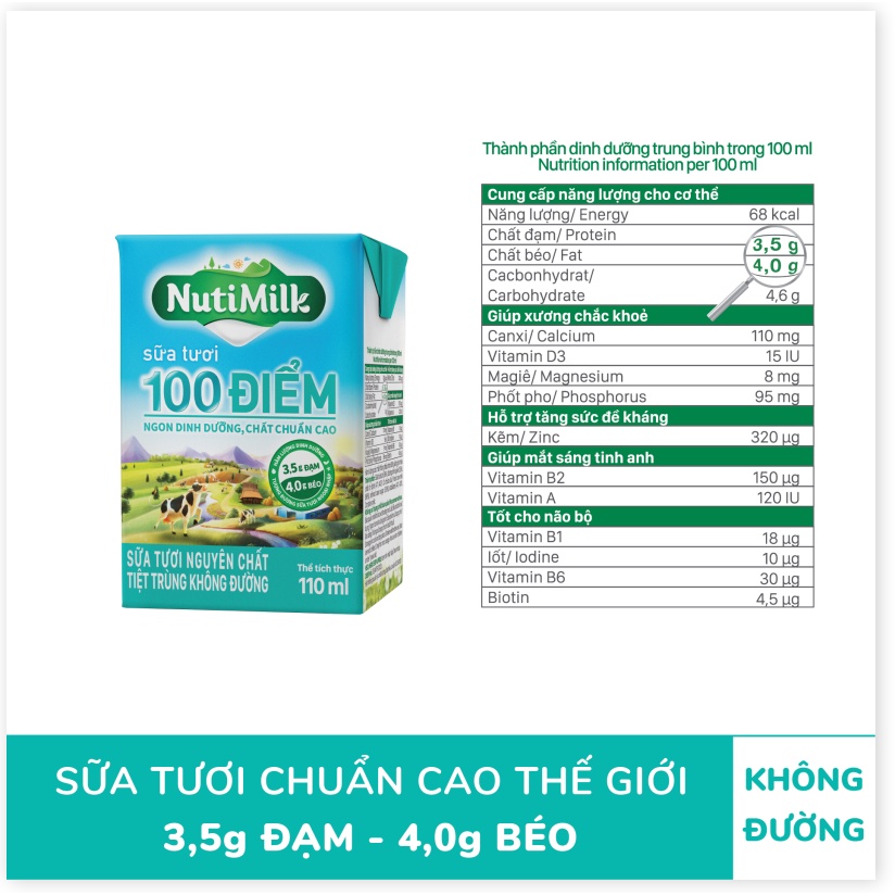 NutiMilk Sữa tươi 100 điểm - Sữa tươi tiệt trùng nguyên chất không đường 110ml  -NUTIFOOD - CIRINO